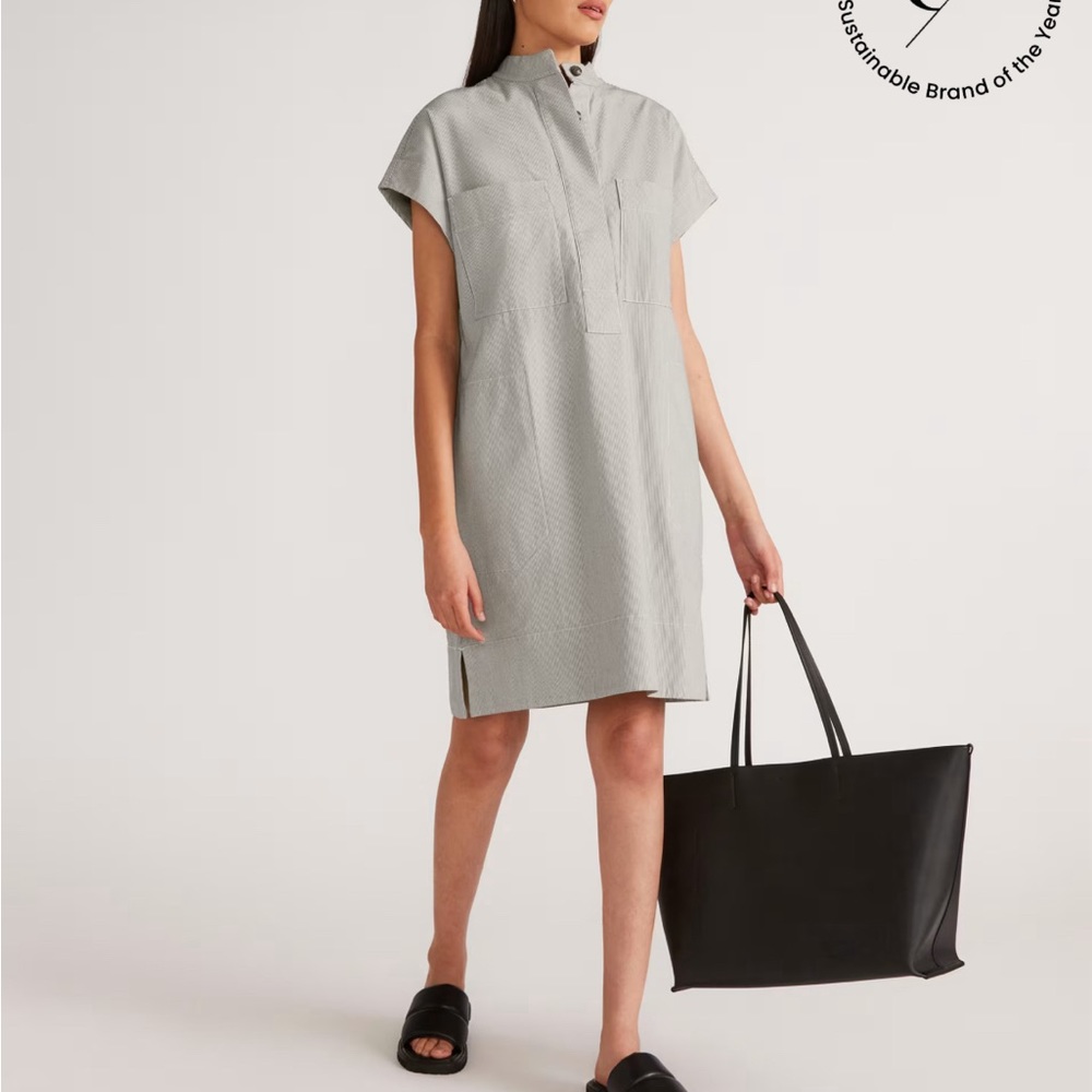 Everlane Easy Workwear Dress XS in tiny tan/navy stripe